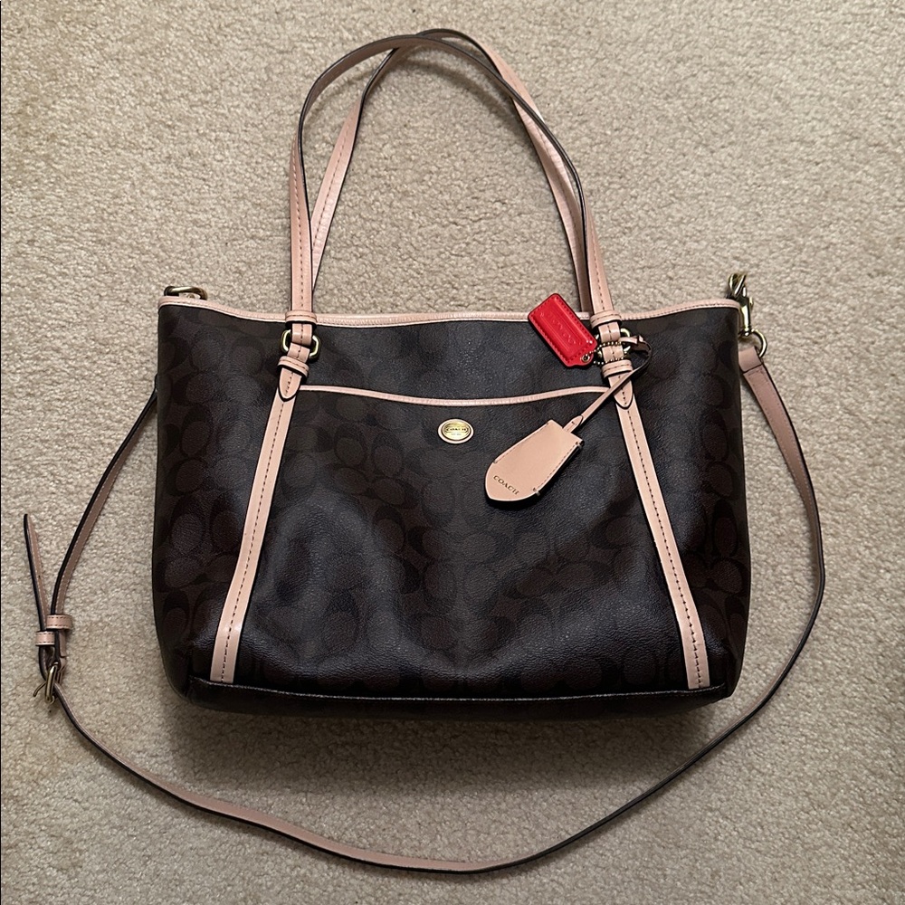 Coach Signature Peyton Signature Double Zip Carryall Tote Purse Brown/Tan EUC